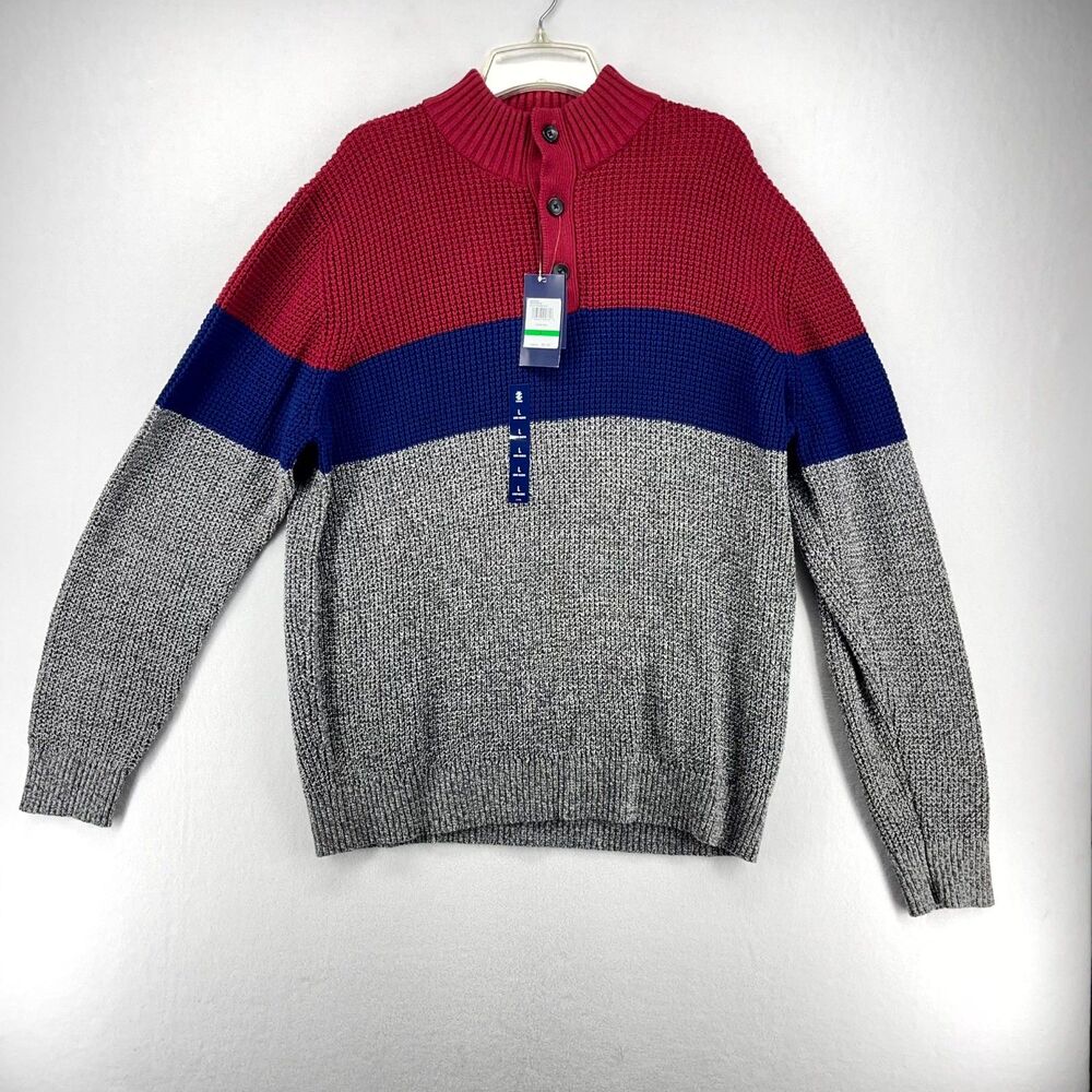 IZOD 7GG Stripe Button Mock Neck Sweater Biking Red Color Mens Size L NEW‎